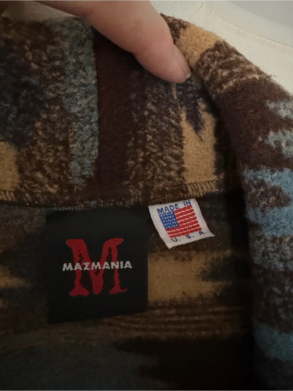 Vintage Mazmania Vest Fleece Long Coat Western Aztec Cowboy Rodeo Brown Blue USA